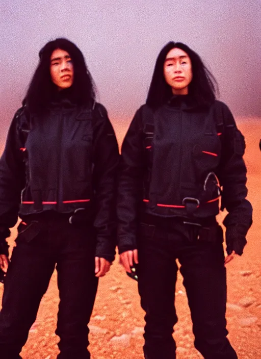 Prompt: cinestill 5 0 d photographic portrait of two loving clones, women wearing rugged black techwear on a desolate plain with a red sky, closeup, diverse species, cyberpunk, in front of a brutalist dark metal facility, dust storm, 3 5 mm, 8 k, depth of field, high resolution