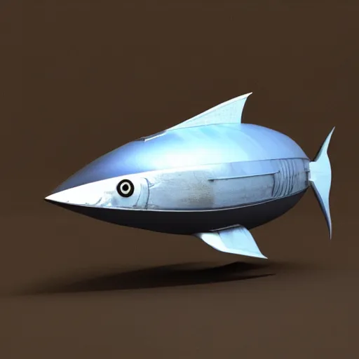 Image similar to Tuna shaped spaceship, elegant, futuristic, fish, 3d render