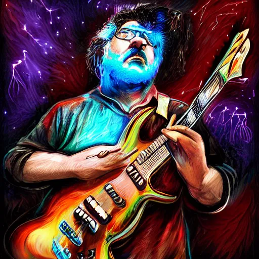 Image similar to a Jerry Garcia guitarist playing so intensely there is electricity shooting out from his guitar, energy beams under his finger tips, and magic sparkles from the freboard, amazing ditial art, trending on artstation, featured on deviantart