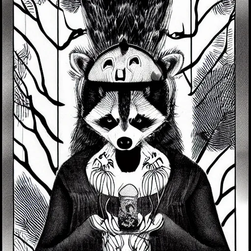 Prompt: black and white illustration creative design, raccoon, junji ito, body horror