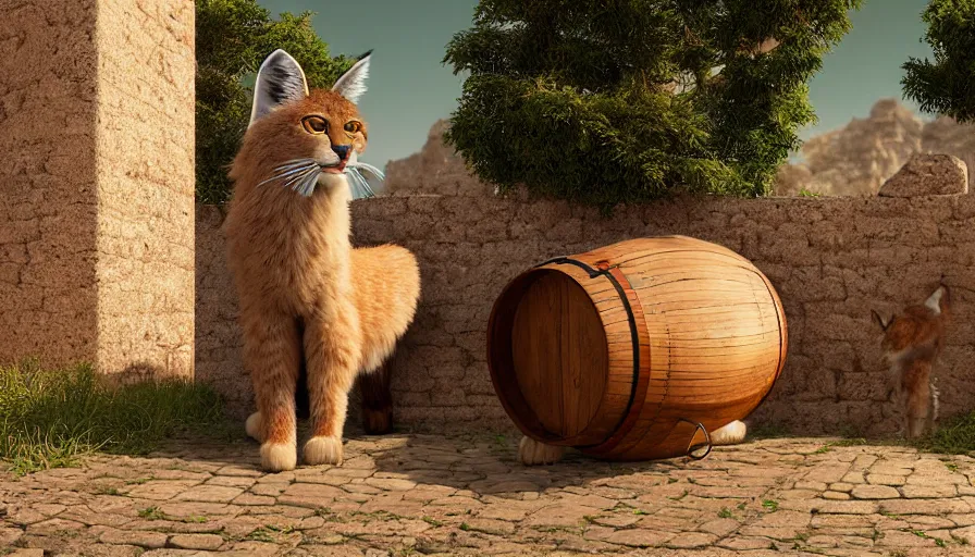 Image similar to wooden barrel on one side, fullbody photo of cute fluffy caracal in it, ancient greek city, sunny day, by ilya kuvshinov, rtx rendering, octane render 1 2 8 k, maya, extreme high intricate details by tom bagshaw, medium shot, close up shot, composition by sana takeda, lighting by greg rutkowski