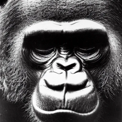 Prompt: 1930s mugshot of an ape closeup portrait holding a rifle