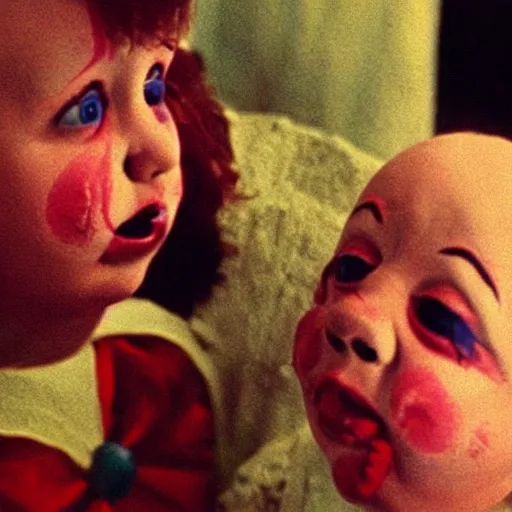 Image similar to screenshot from the scene from the holy mountain where the conjoined child clowns play. The child clowns are conjoined at the head and neck. Cinematic, VHS copy, film grain, 35mm film.