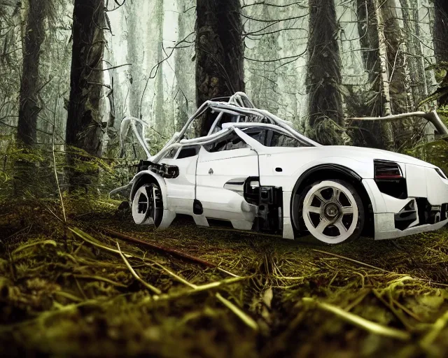 Prompt: photo of a giant huge white terminator spider with heavy duty biomechanical hydraulic cybernetic body with antennas and visor cogs and gears and components in the forest. cyberpunk horror style. highly detailed 8 k. intricate. nikon d 8 5 0 5 5 mm. award winning photography.