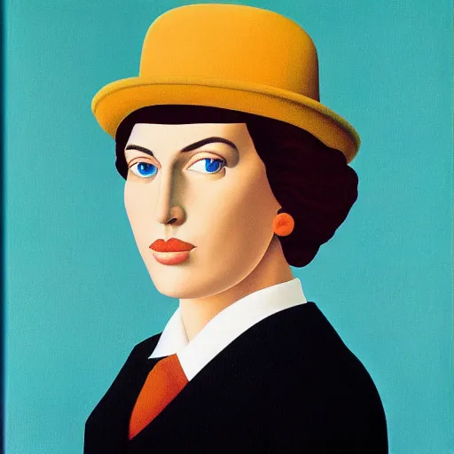 Prompt: a portrait of a woman by rene magritte and lisa frank