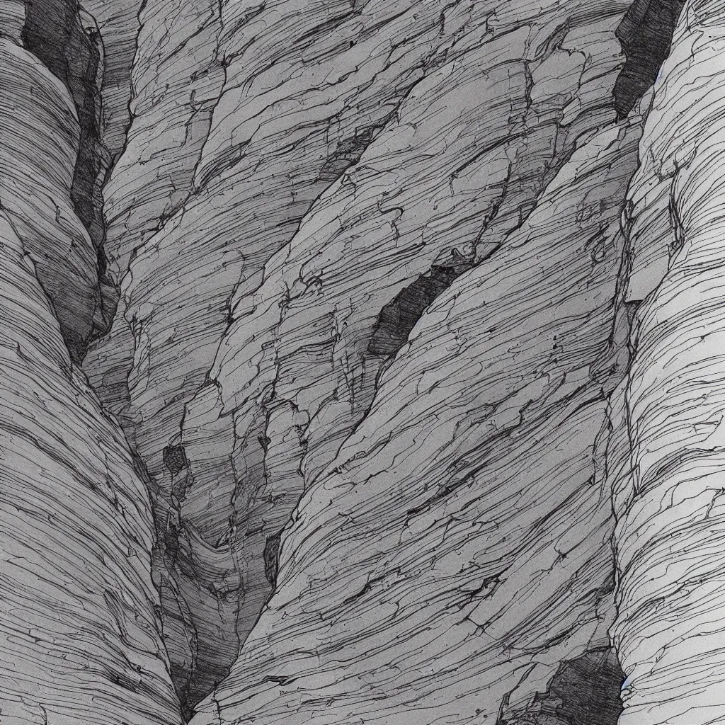 Image similar to slot canyons by moebius, minimalist ink drawing with long lines