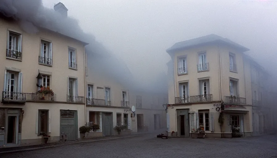 Image similar to 1 9 7 0 s movie still of a heavy burning french style townhouse in a small french village fog, cinestill 8 0 0 t 3 5 mm, heavy grain, high quality, high detail, dramatic light, anamorphic, flares