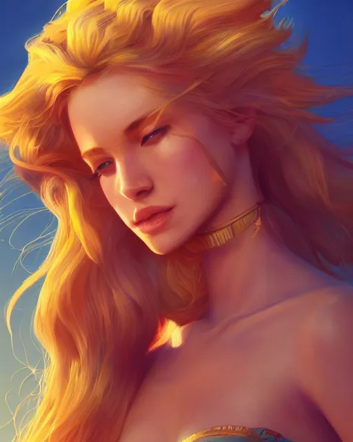 Image similar to summer vibes, beautiful sun goddess, flowy yellow golden hair, sun, summer, cinematic lighting, highly detailed, digital painting, trending on artstation, pixiv, concept art, sharp focus, illustration, art by ross tran and wlop