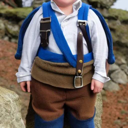 Image similar to pudgy british lad with short curly dark brown hair as a hobbit wearing a white men's crossbody sling chest bag and blue vest