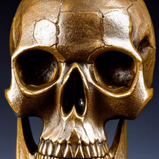 Image similar to skull with a samurai hat old bronze statue, intricate detail, full shot, museum lighting