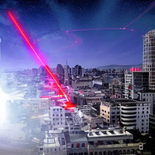 Prompt: ufo throwing laser beams over a city, destroying buildings, people scared and scaping, the sky is red