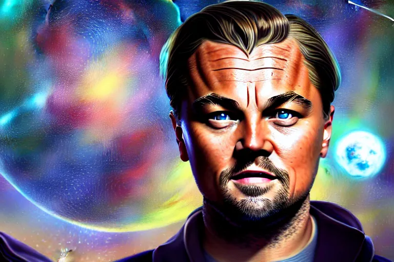 Prompt: centered detailed portrait of leonardo dicaprio in don't look up, futuristic, details, intricate, octane render, redshift, smooth, illustration, fairy lighting, stars and planets in the background, hyperrealistic, by dmitry prozorov, loish, and wlop, trending on artstation, hyperdetailed, hyperrealism
