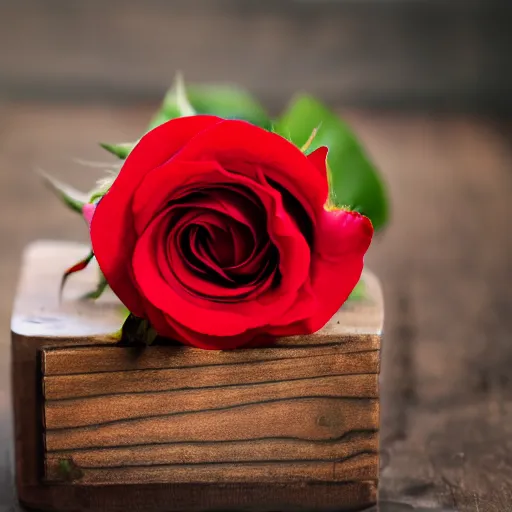 Prompt: Red rose resting on a small wooden box, wide lens, photo, detailed background