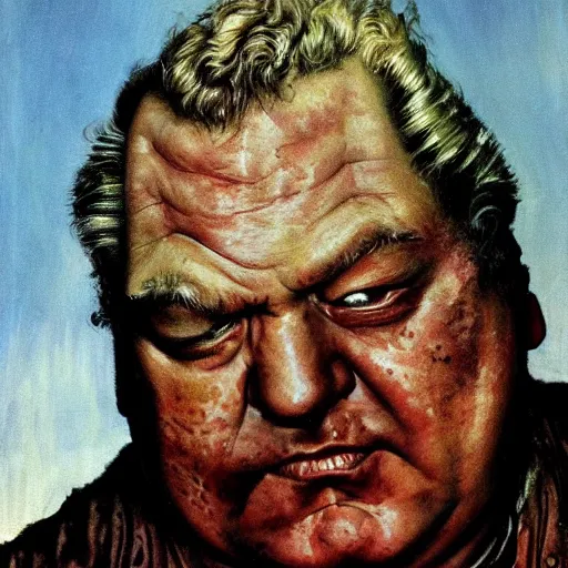 Image similar to head and shoulders portrait of actor Kenneth McMillan as baron harkonnen apoplectic with anger in dune 1982 movie, background dystopian scifi palace, painted by norman rockwell and tom lovell and frank schoonover