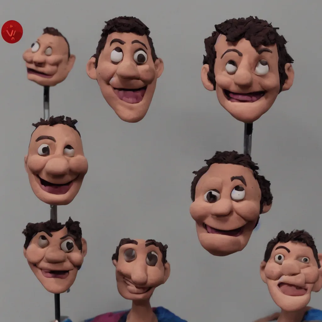 Image similar to very detailed claymation devin montes smiling cartoon head shot