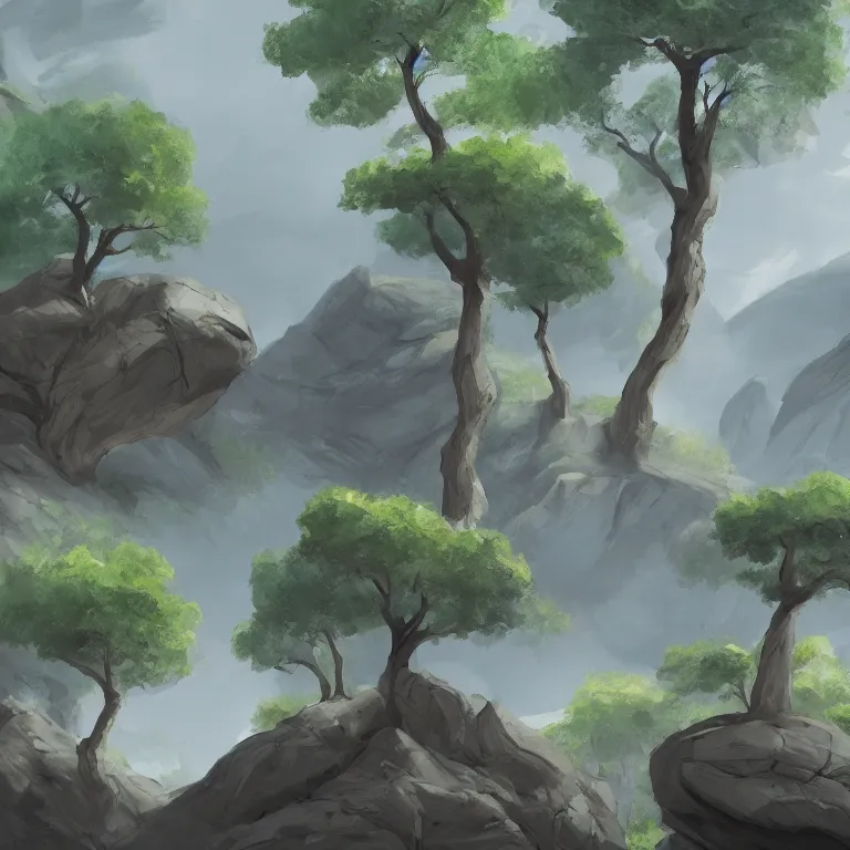 Image similar to a digital painting of some trees and rocks by ilya ostroukhov, trending on artstation, speedpainting, 2 d game art