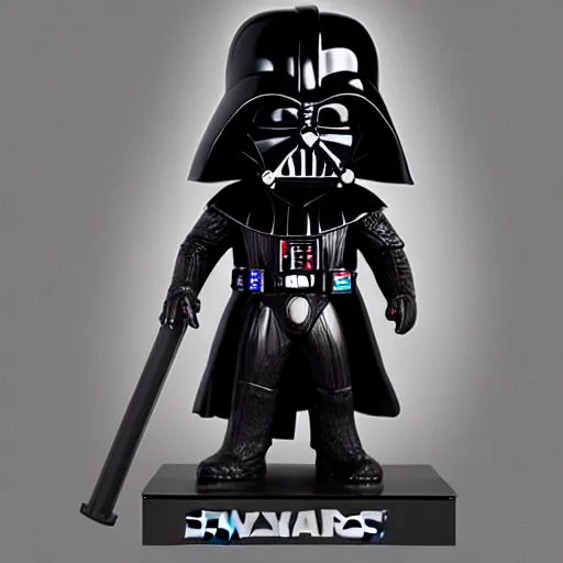 Image similar to artstation darth vader bobble head, small but (fierce) funny, placed on a shelf in a collector's mirrored highly polished display with other figures, very detailed, high contrast, funny, pop, pop art, unreal engine 5