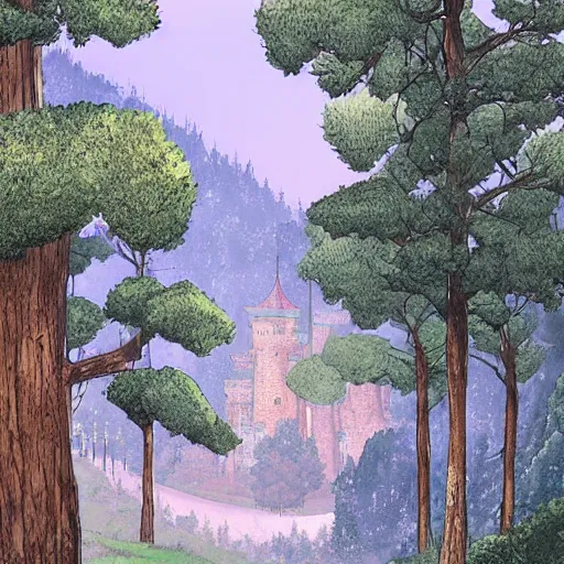 Prompt: A narrow valley forested in pine trees with a tall castle at one end, art by Taizi Harada