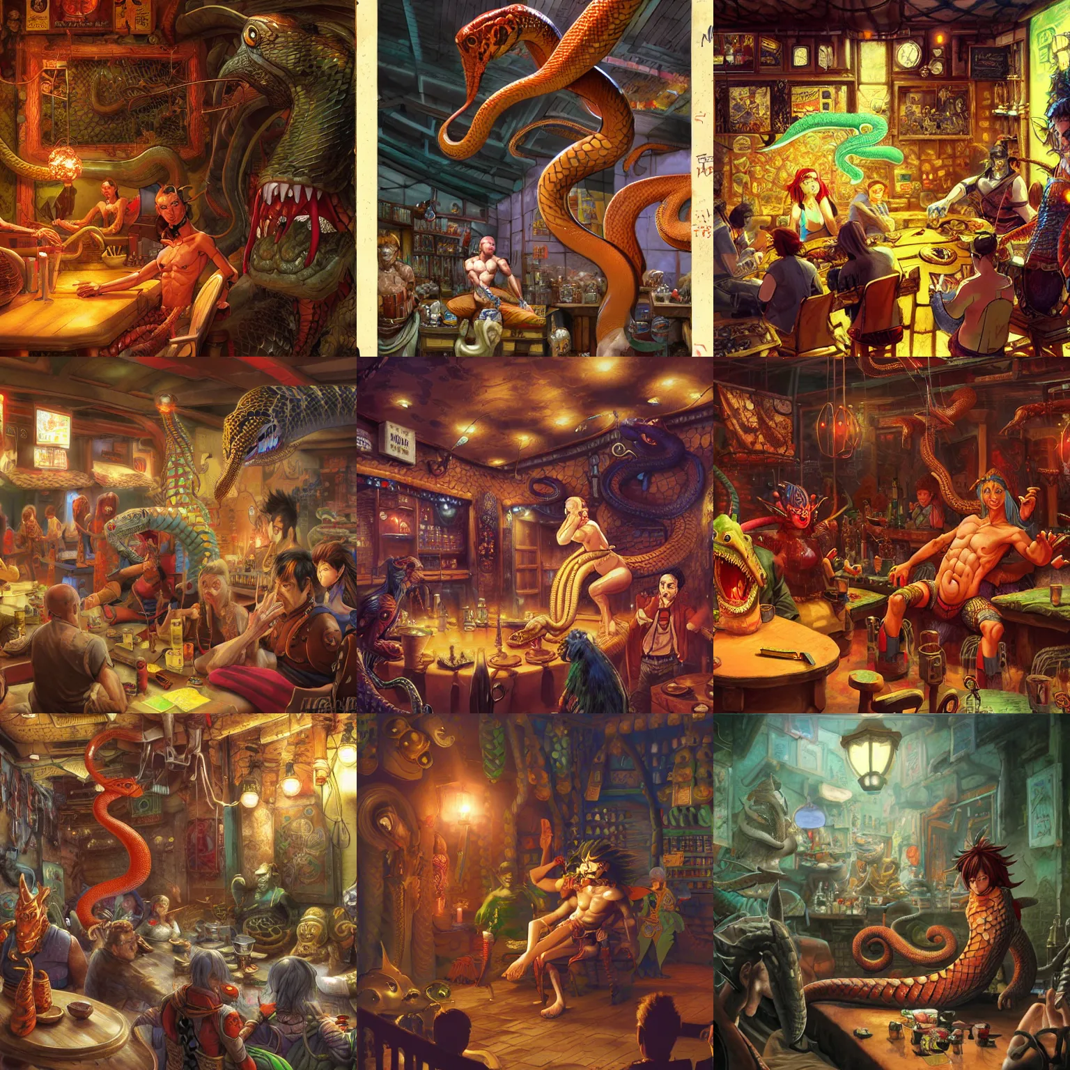 Prompt: a male naga snake, no legs, seated in a lively tavern full of fantasy spirits and heroes, warm lights, lighthearted celebration, art by yuji ikehata and satoshi kon, background art by miyazaki, realism, proper human male proportions, fully clothed, dungeons and dragons, anime