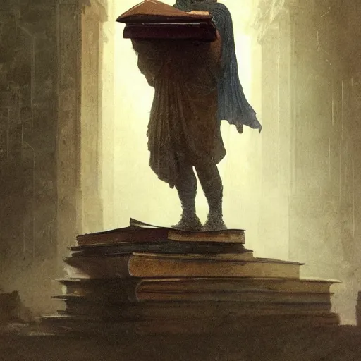 Image similar to half portait of magicus wearing a closed cowl and big old book! chained to the wrist, jeremy mann, jean - leon gerome, tiepolo, alphonse mucha, greg rutkowski, face in the shadows, ( ( ruins of ancient rome ) ), at dusk, mysterious atmosphere, sunrays, dof, high detailed, 8 k