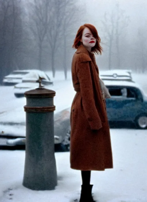 Image similar to emma stone getting out of taxi in winter, faded color film, russian cinema, tarkovsky, kodachrome, old clothing, heavy fog, 4 k, dramatic lighting, greg rutkowski