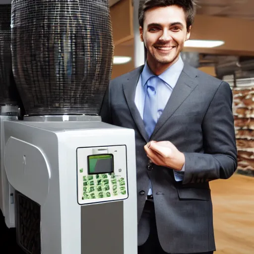 Image similar to happy man in a suit with machine that throws money