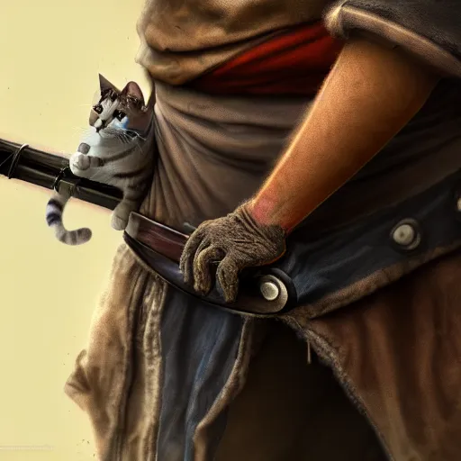 Image similar to a high detail shot of a dirty, homeless cat wearing rags, holstering sword, realism, 8 k, fantasy, d & d, concept art