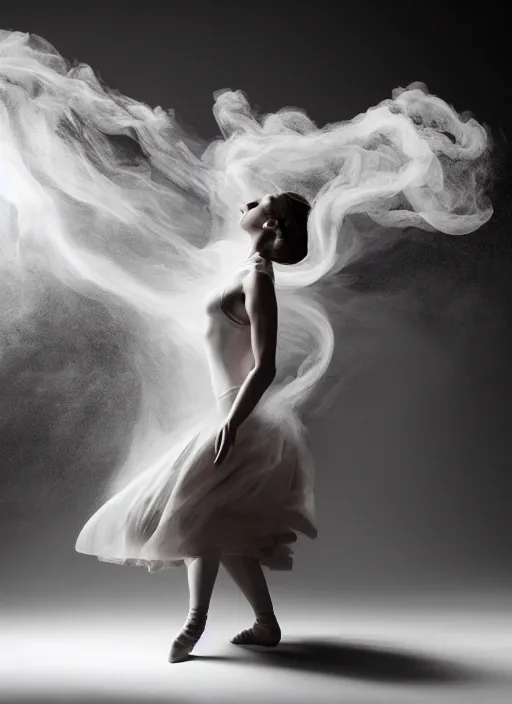 Image similar to a Photorealistic dramatic hyperrealistic render of a glamorous beautiful Female smoke dancer by Ken Brower and Deborah Ory of NYC Dance project,Lois Greenfield,Flowing cloth and smoke,Beautiful dynamic dramatic dark moody lighting,volumetric,shadows,cinematic atmosphere,Octane render,8K