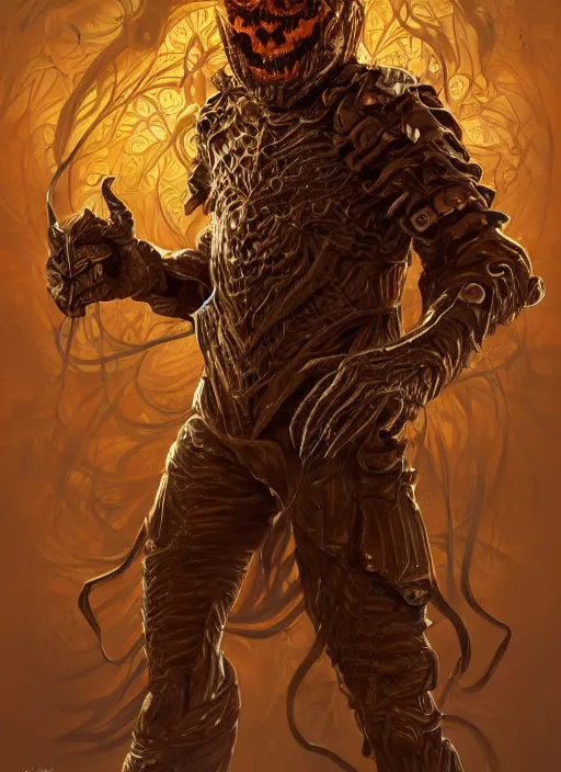 Image similar to powerful male pumpkin, willem dafoe as pumpkinhead, oz, full body character concept, covered in full metal armor, art nouveau, super powers, fantasy, intricate, elegant, highly detailed, digital painting, artstation, concept art, shining, sharp focus, illustration, art oleg bulakh