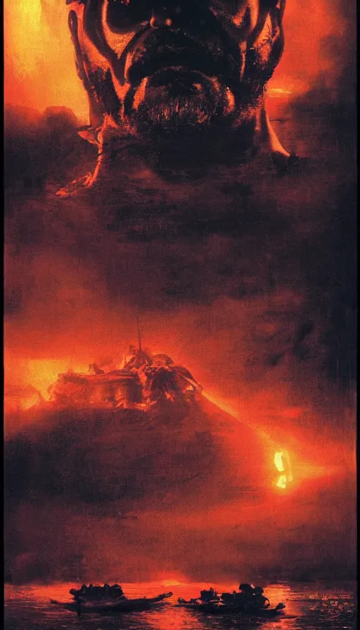 Prompt: jim jones'face close up on the apocalypse now poster, red sunset, snake river in the jungle, black helicopters, air brush, oil paint, radiant light, caustics, heroic, bright iridescent light, by gaston bussiere, bayard wu, greg rutkowski, maxim verehin