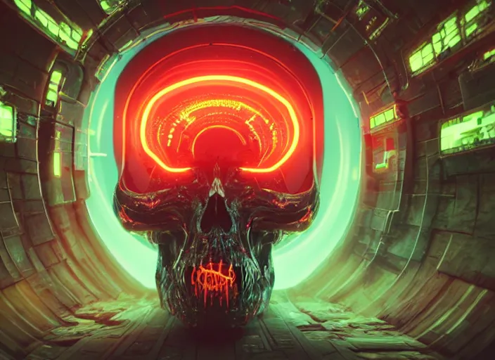 Image similar to a futuristic skull with glowing eyes and a wormhole tunnel, cyberpunk art by james jean, behance contest winner, computer art, darksynth, synthwave, rendered in cinema 4 d