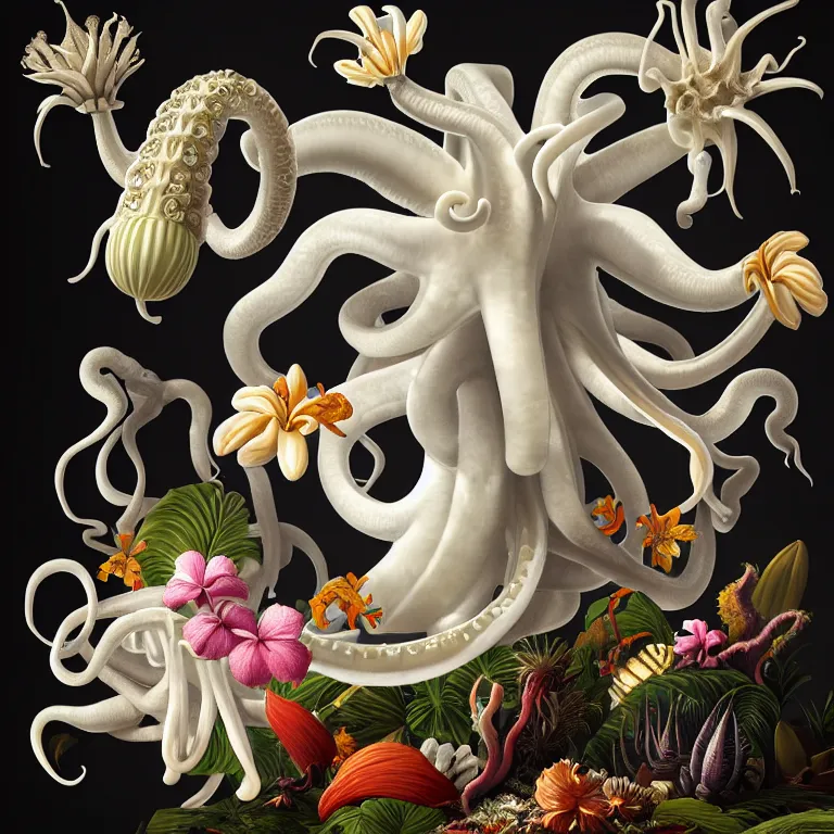 Prompt: still life of tropical flowers, white alien squid, white octopus, tropical flowers, surreal alien ribbed tropical fruit, white human spine, baroque painting, beautiful detailed intricate insanely detailed octane render trending on Artstation, 8K artistic photography, photorealistic, chiaroscuro, Raphael, Caravaggio