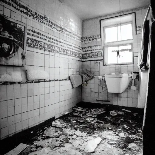 Image similar to a wide angle 3 5 mm film photography of a dirty cluttered bathroom somewhere in eastern europe, evocating a feeling of child wonder and endless possibilities