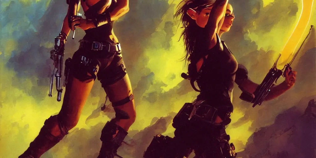 Prompt: an extremely aggressive android Lara Croft, glowing long hair, thunder clouds, painted by Peter Andrew Jones