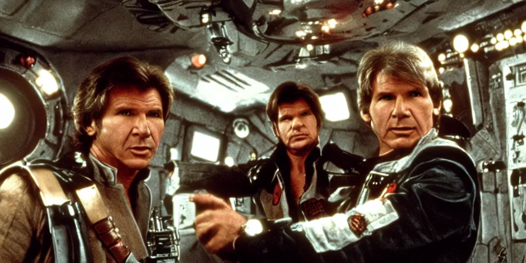 Prompt: a full color still of the control bridge of a spaceship with a middle-aged Harrison Ford as Han Solo standing in the middle, dressed in an admirals uniform, cinematic lighting, 1999, directed by Steven Spielberg, 35mm