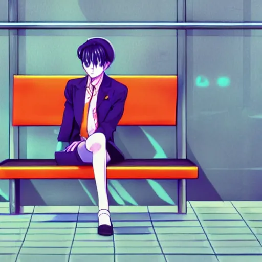 Image similar to salary man sitting on a bench in an airport, vaporwave nostalgia, commodore 6 4, visual novel cg, 8 0 s anime vibe, kimagure orange road, maison ikkoku, trending on artstation