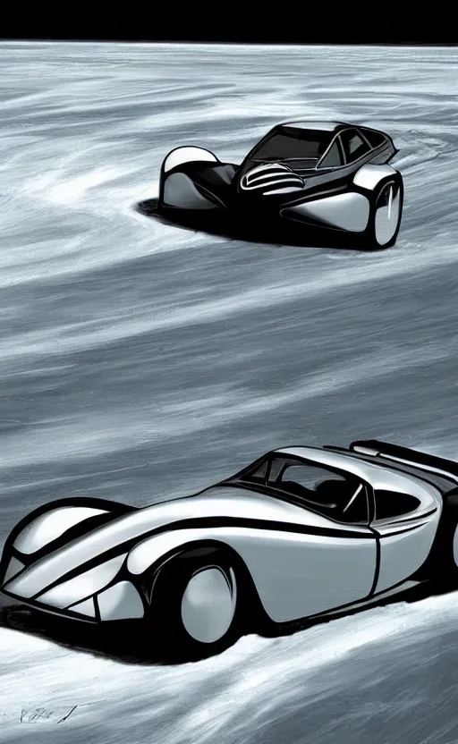 Image similar to retro - futurism, art - deco style sports car moving at hyper speed through the ice lake, poster, long - distance shot