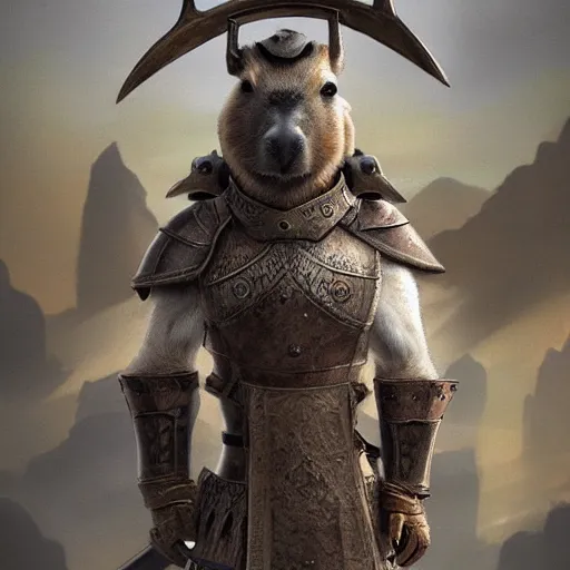 Prompt: realistic anthropomorphic capybara warrior in full armor, matte painting, highly detailed