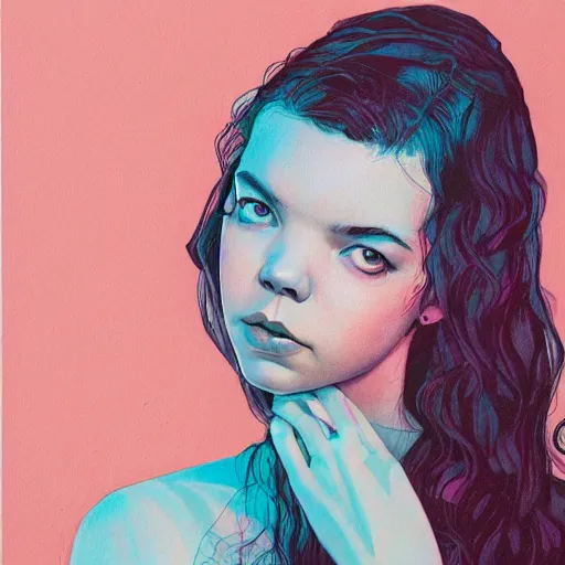 Image similar to anya taylor - joy ethereal look portrait in detail in block colour by james jean,