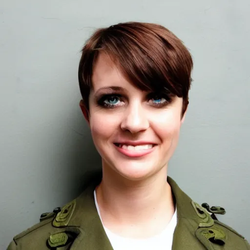 Prompt: brunette, short flipped out hair, green eyes, military uniform, smirk