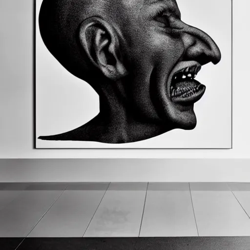 Image similar to a beautiful digital art of a giant head. the head is bald and has a big nose. the eyes are wide open and have a crazy look. the mouth is open and has sharp teeth. the neck is long and thin. hygge by richard hamilton ornamented