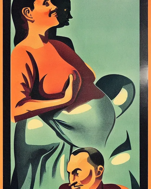 Prompt: Soviet propaganda poster with pregnant men by Dmitry Moor