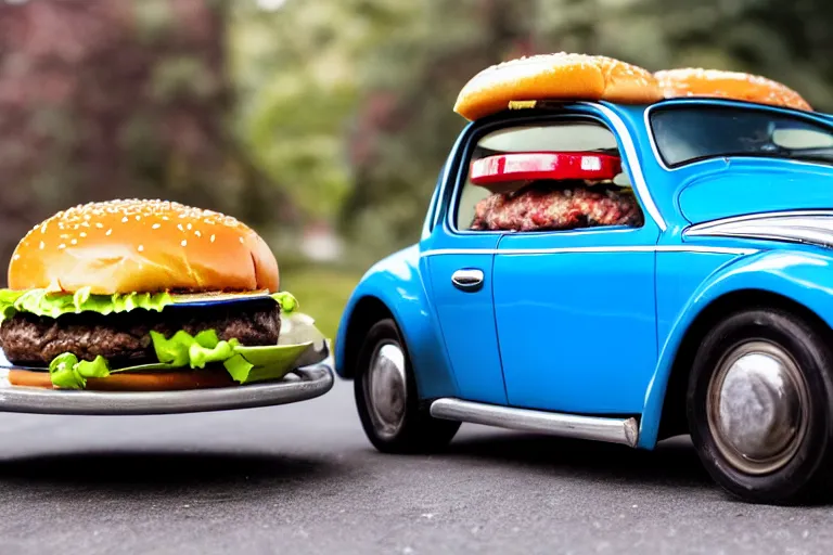 Image similar to a blue beetle car with burgers in place of the wheels