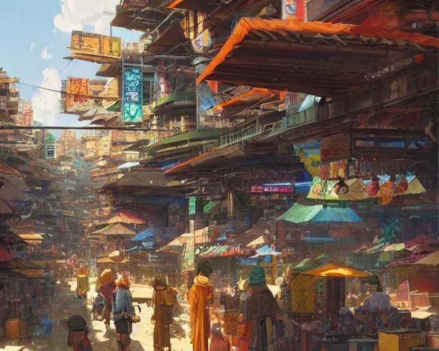 Prompt: colorful marketplace in a great, brutalist kitsune city, bamboo, anime, a fantasy digital painting by greg rutkowski and james gurney, trending on artstation, highly detailed