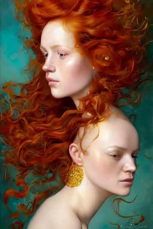 Prompt: hyper realistic painting portrait of a redhead girl with flowing curls and closed eyes, her skin is painted in gold paint and turquoise background, hyper detailed face by stjepan sejic, norman rockwell, michael hussar, roberto ferri and ruan jia