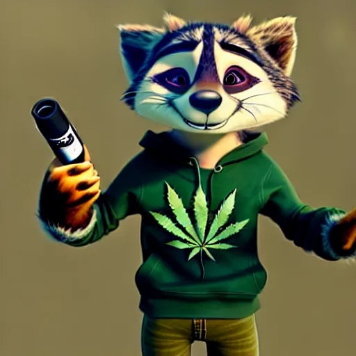 Image similar to a very relaxed stoner with a black hoodie on with a marijuana themed dark green raccoon head from zootopia, wearing beanie, holding a vape, 3 d render, extremely detailed fur, wearing a marijuana t - shirt