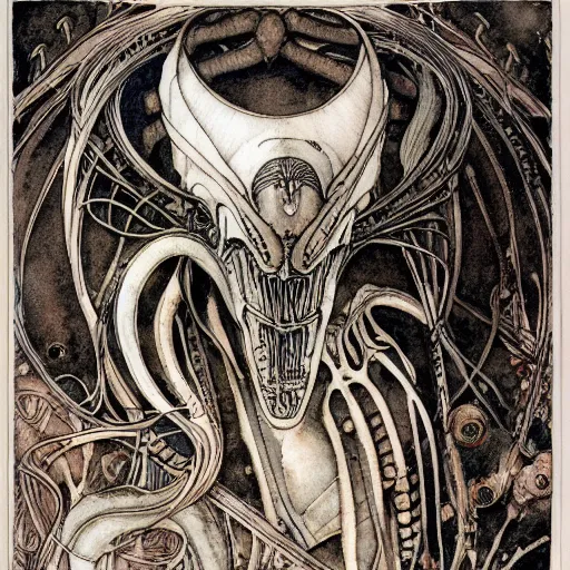 Prompt: a detailed, intricate watercolor and ink art nouveau portrait illustration with fine lines of h. r. giger's xenomorph alien head and torso, by arthur rackham and edmund dulac and lisbeth zwerger and alphonse mucha