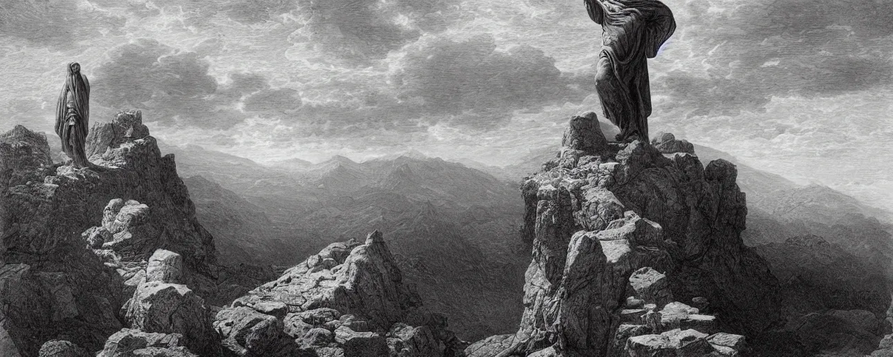 Prompt: medium shot of moses on top of a mountain holding up in the air two stone tablets, people below the mountain looking at him, photorealistic, highly detailed, texture, soft light, dramatic, moody, ambient, painting by gustave dore