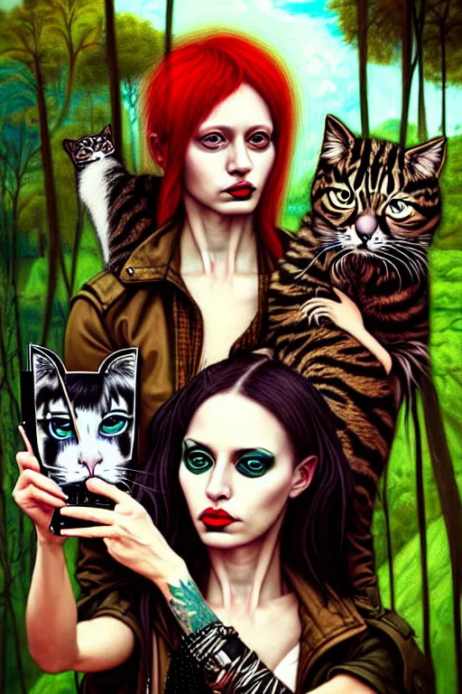 Prompt: punk rock girls making selfie with cats in jungle , mad max jacket, post apocalyptic, renaissance, oil painting like Leonardo Da Vinci, hyper realistic style, fantasy by Olga Fedorova