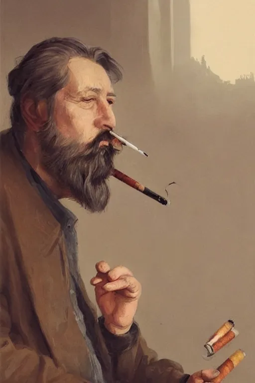 Image similar to portrait of a middle - aged writer with a beard, he is smoking a cigarette, style of greg rutkowski